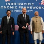 From L-R: Japan's Prime Minister Fumio Kishida, US President Joe Biden, and India's Prime Minister Narendra Modi attend the Indo-Pacific Economic Framework for Prosperity at the Izumi Garden Gallery in Tokyo on May 23, 2022. Photo by SAUL LOEB / AFP.