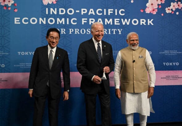 From L-R: Japan's Prime Minister Fumio Kishida, US President Joe Biden, and India's Prime Minister Narendra Modi attend the Indo-Pacific Economic Framework for Prosperity at the Izumi Garden Gallery in Tokyo on May 23, 2022. Photo by SAUL LOEB / AFP.