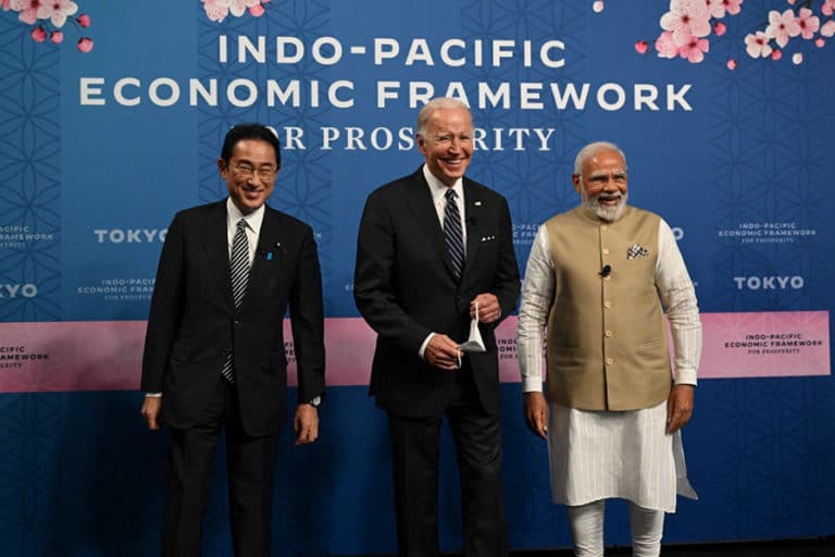 From L-R: Japan's Prime Minister Fumio Kishida, US President Joe Biden, and India's Prime Minister Narendra Modi attend the Indo-Pacific Economic Framework for Prosperity at the Izumi Garden Gallery in Tokyo on May 23, 2022. Photo by SAUL LOEB / AFP.