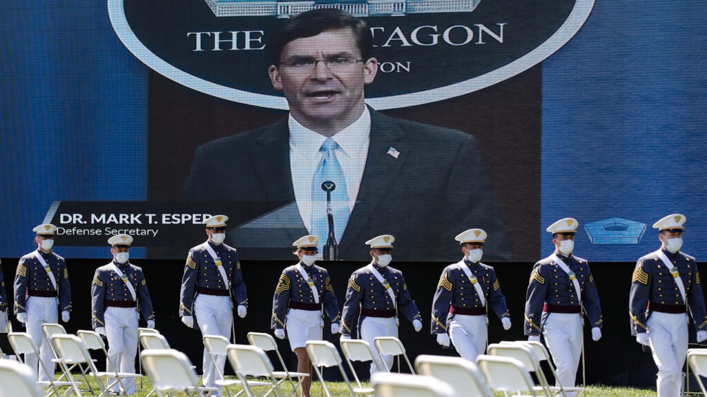 US Defense Secretary Mark Esper speaks during military ceremonies, Saturday, June 13, 2020, in West Point, NY. Photo: John Minchillo/AP