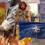 Featured image: Photo composition showing armed soldiers, with flags of NATO and the Ukrainian neo-nazi Azon Batallion. Photo: Al Mayadeen