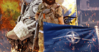 Featured image: Photo composition showing armed soldiers, with flags of NATO and the Ukrainian neo-nazi Azon Batallion. Photo: Al Mayadeen