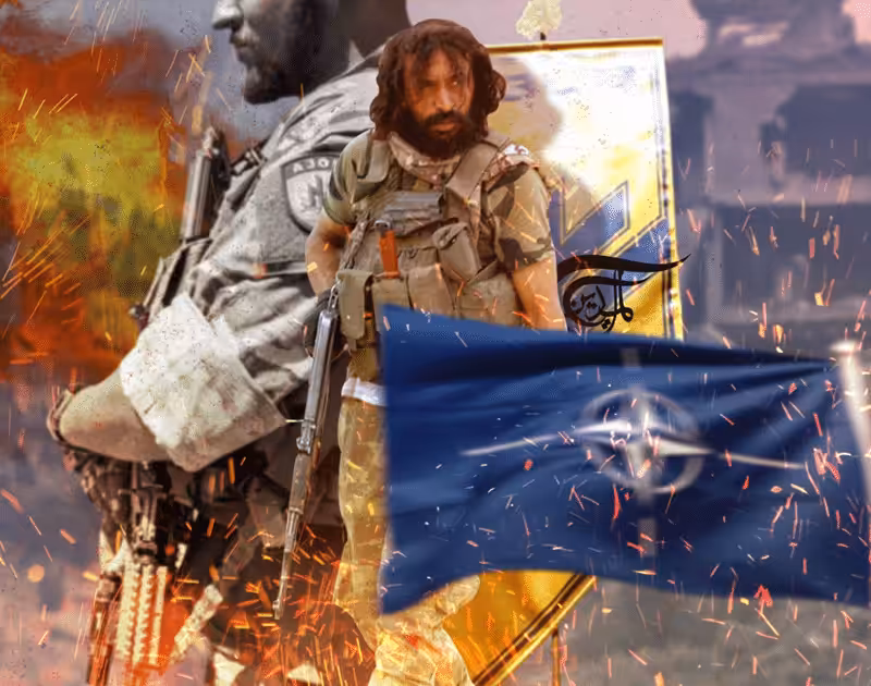 Featured image: Photo composition showing armed soldiers, with flags of NATO and the Ukrainian neo-nazi Azon Batallion. Photo: Al Mayadeen