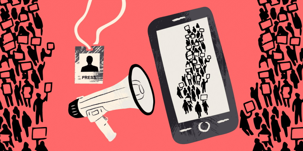 Photo composition showing a smart phone, a megaphone and a press ID with people protesting on the sides.