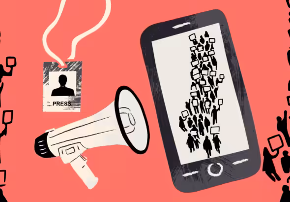 Photo composition showing a smart phone, a megaphone and a press ID with people protesting on the sides.