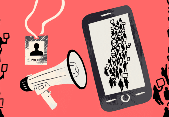 Photo composition showing a smart phone, a megaphone and a press ID with people protesting on the sides.