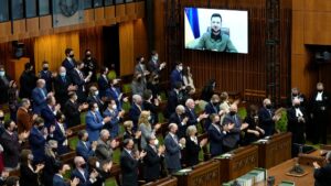 Featured image: Ukrainian President Volodymyr Zelensky addresses the Canadian parliament through video conference. Photo: CTV News