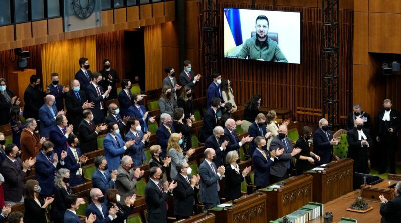 Featured image: Ukrainian President Volodymyr Zelensky addresses the Canadian parliament through video conference. Photo: CTV News