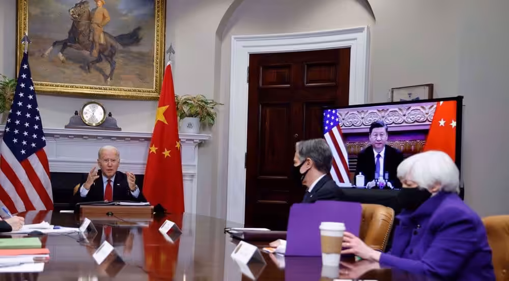 Featured image: US President Joe Biden, with Secretary of State Antony Blinken and Treasury Secretary Janet Yellen, speaks virtually with Chinese leader Xi Jinping from the White House in Washington, US, November 15, 2021. Reuters photo.