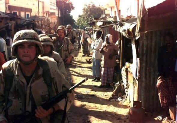 US Marines in Somalia's Bakara Market during the 1992-93 "Operation Restore Hope" military intervention.