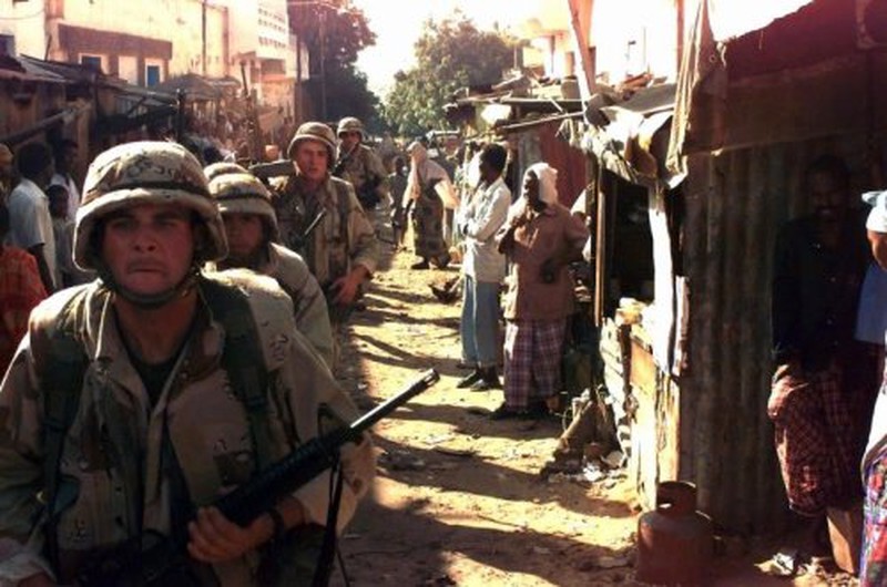 US Marines in Somalia's Bakara Market during the 1992-93 "Operation Restore Hope" military intervention.