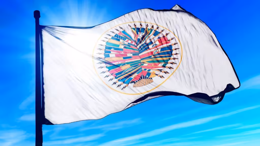 OAS flag, consisting of all flags of countries in the hemisphere. File photo