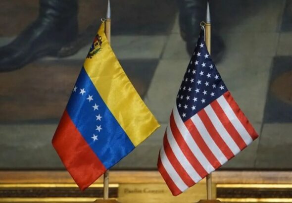 Table stand flags of Venezuela and the US. File photo.