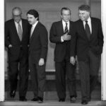 From left to right, Leopoldo Calvo Sotelo, José María Aznar (host of the meeting), Adolfo Suárez and Felipe González, photographed at the Moncloa Palace on the occasion of the 20th anniversary of the first democratic elections after the Civil War. This meeting of the four presidents of the Government was held on June 13, 1997. Photo: Gorka Lejarcegi.