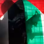 A Palestinian boy holds a toy rifle as he stands behind Palestinian flags during a protest in support of Palestinians. Photo: AP/Mohammed Zaatari.
