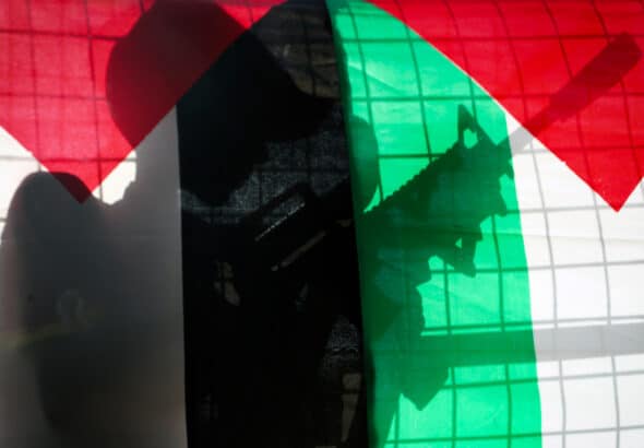 A Palestinian boy holds a toy rifle as he stands behind Palestinian flags during a protest in support of Palestinians. Photo: AP/Mohammed Zaatari.