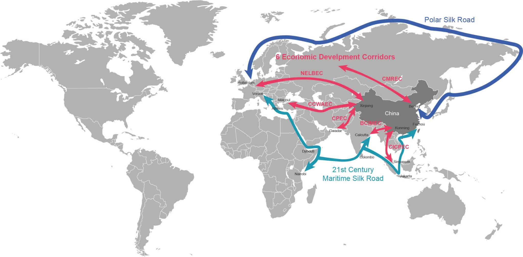 Map of the existing and proposed routes and corridors making up China's Belt and Road Initiative, the largest global infrastructure project at present. Photo: beltroad-initiative.com