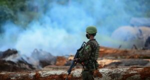 A member of the Brazilian army looks on as forest fires engulf a large part of the Amazon. Photo: Revista Opera.