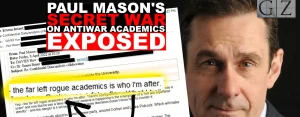 Photo of UK journalism Paul Mason with a sample of an email. Photo: The Grayzone.