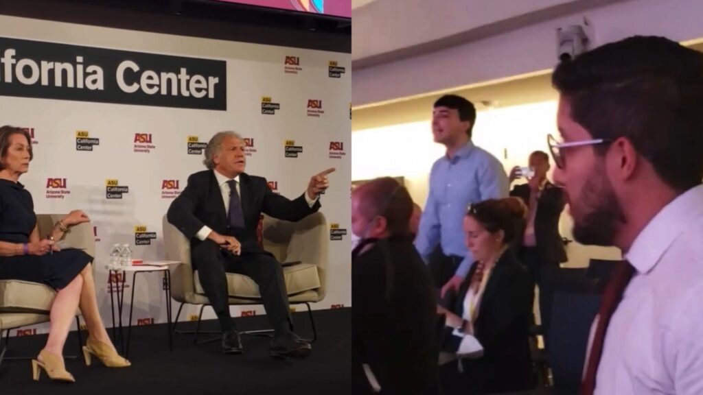 PSL activists disrupts OAS Chief Luis Almagro during a Summit of the Americas event in Los Angeles. June 7, 2022.