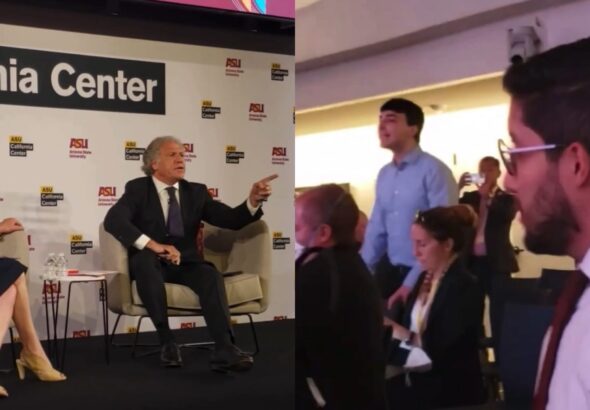 PSL activists disrupts OAS Chief Luis Almagro during a Summit of the Americas event in Los Angeles. June 7, 2022.