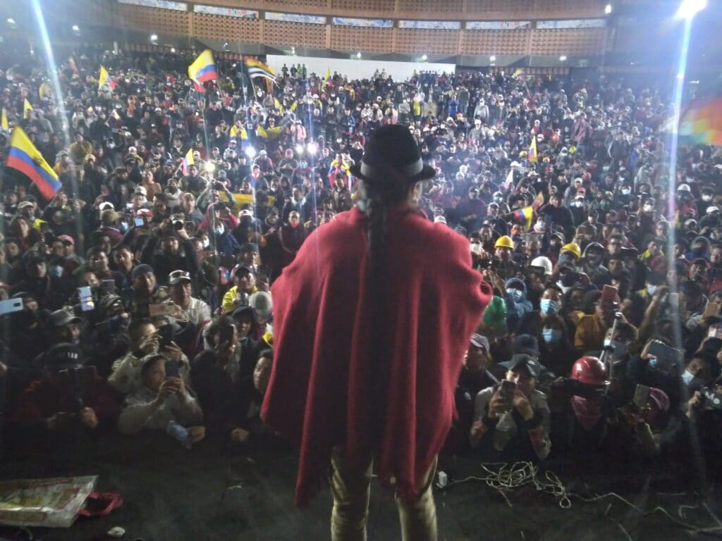 An assembly of the protesters in the Casa de la Cultura, Quito, on June 25. Photo: Twitter/@CONAIE_Ecuador