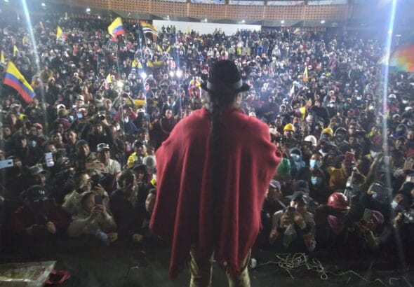 An assembly of the protesters in the Casa de la Cultura, Quito, on June 25. Photo: Twitter/@CONAIE_Ecuador