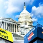 Photo composition with Eni and Repsol banners with the US Capitol building in the background. Photo: Mundo24.