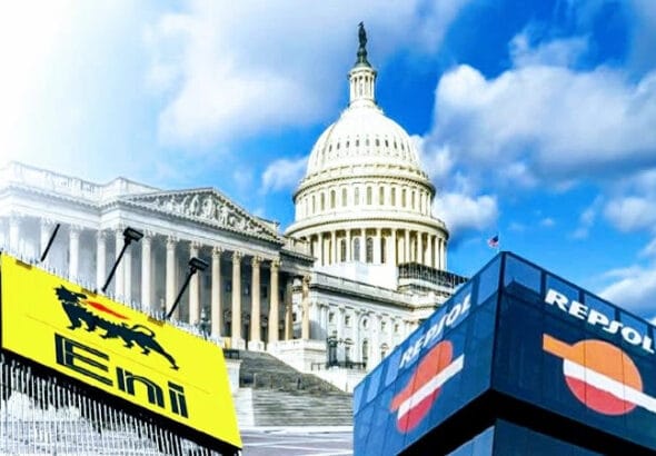 Photo composition with Eni and Repsol banners with the US Capitol building in the background. Photo: Mundo24.