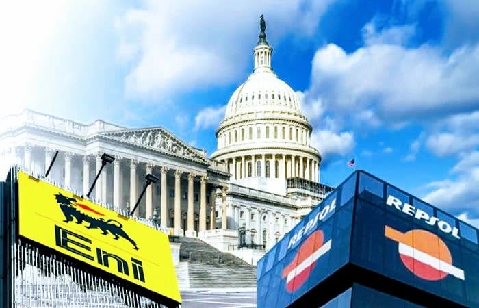 Photo composition with Eni and Repsol banners with the US Capitol building in the background. Photo: Mundo24.