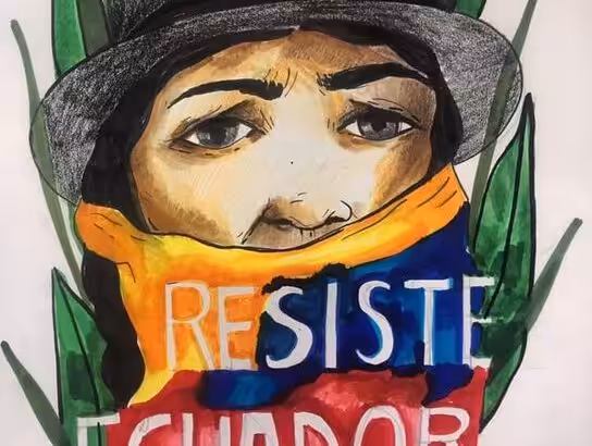 Drawing of indigenous woman with her mouth strapped with an Ecuadorian flag. File photo.