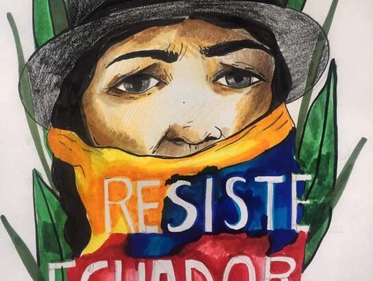 Drawing of indigenous woman with her mouth strapped with an Ecuadorian flag. File photo.