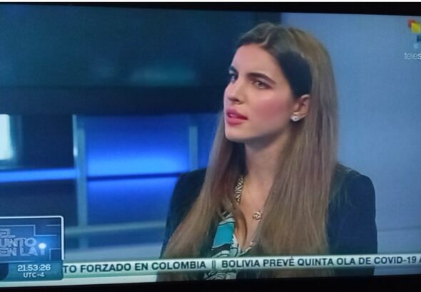 Camilla Fabri during an interview in Telesur on Monday, May 30. Photo: Twitter/@Lunita41.
