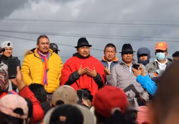 CONAIE President Leonidas Iza addresses indigenous movement bases after being released from police and military custody. June 15, 2022. Photo: Kawsachun News.