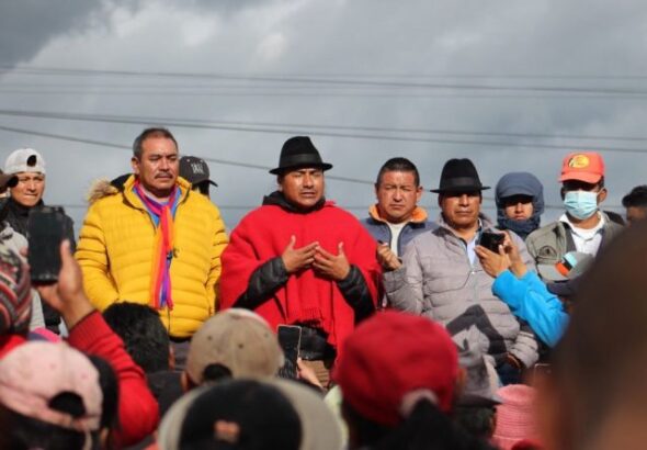 CONAIE President Leonidas Iza addresses indigenous movement bases after being released from police and military custody. June 15, 2022. Photo: Kawsachun News.
