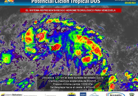 Satellite image of the advance of Tropical Cyclone 2 (Bonnie) towards the east coast of Venezuela. Photo: Twitter/@INAMEH.
