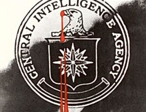 CIA logo, dripping with blood, on a world in flames, signifying the CIA-backed "humanitarian" destabilization of countries around the world by the US. Photo: Author.