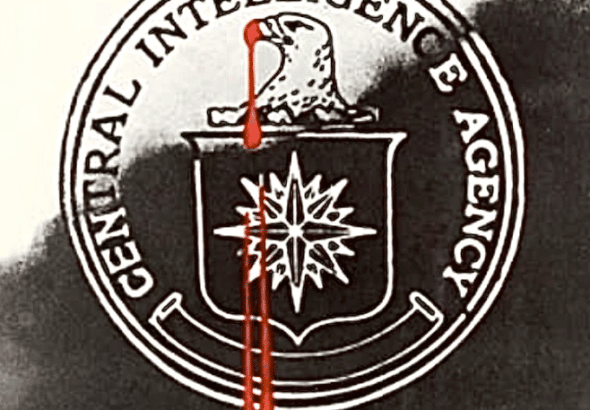 CIA logo, dripping with blood, on a world in flames, signifying the CIA-backed "humanitarian" destabilization of countries around the world by the US. Photo: Author.