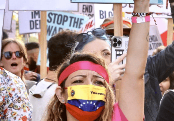 People protest against U.S. foreign policy in Los Angeles, the United States, June 10, 2022. Photo: Xinhua.