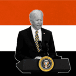US President Joe Biden in a photo composition with the flag of Yemen in the background.