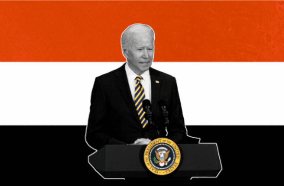 US President Joe Biden in a photo composition with the flag of Yemen in the background.