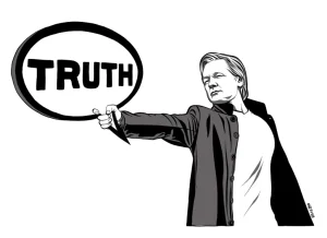 Caricature of Assange holding a banner that reads "Truth". Photo: Scheerpost.