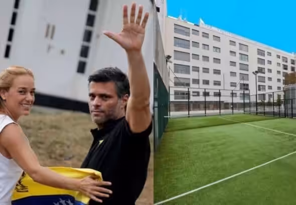 Venezuelan extreme right politician and fugitive from justice Leopoldo López and his wife Lilian Tintori smiling and waving in front of their luxurious apartment in Madrid, which according to sources contacted by Spanish daily ABC, costs a monthly rent of €10,000. Photo: Globovisión.