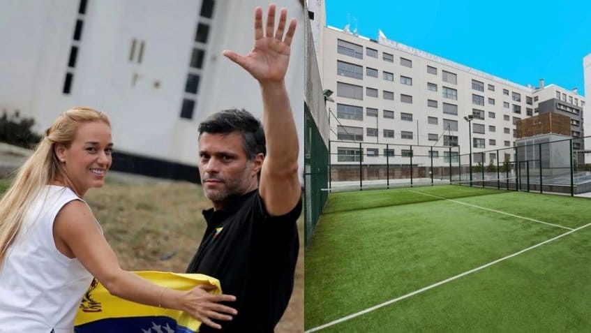 Venezuelan extreme right politician and fugitive from justice Leopoldo López and his wife Lilian Tintori smiling and waving in front of their luxurious apartment in Madrid, which according to sources contacted by Spanish daily ABC, costs a monthly rent of €10,000. Photo: Globovisión.