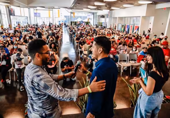 Organizers of the People's Summit welcome Bolivian Senate President Andrónico Rodríguez (center) to inaugurate the event. Photo: Twitter/@PeoplesSummit22.