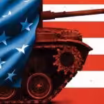 A tank wrapped by the US flag, representing the lethal warmonger nature of US policies in the world. Graphic: Rob Dobi Jhu.