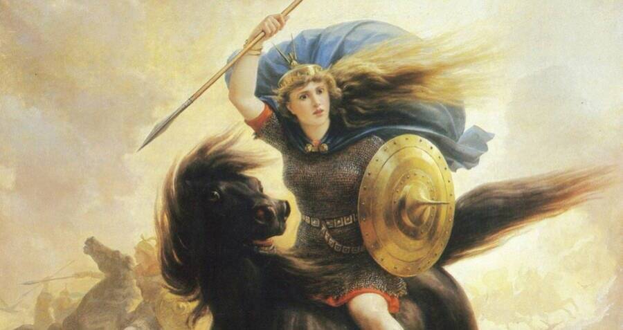 In Scandinavian mythology, the Valkyries are servants of the god Odin. They ride on wolves. But the Germans represent them on horses. The "Ride of the Valkyries," set to music by Richard Wagner, announces both the death of the heroes and their glorious destiny in the coming battle at the end of time.