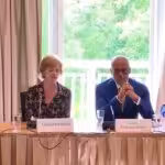 Venezuela's head negotiators, Jorge Rodríguez and Gerardo Blyd,e in a panel with Norway's "facilitators." Photo: Twitter/@NorwayMFA.