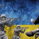 Graphic with Slavoj Žižek sitting on a chair, and three soldiers with rifles in hand, with the Ukrainian flag as the background, representing Žižek's pro-war and anti-pacifist stance on Ukraine. Photo: MintPress News.