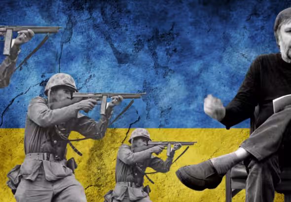 Graphic with Slavoj Žižek sitting on a chair, and three soldiers with rifles in hand, with the Ukrainian flag as the background, representing Žižek's pro-war and anti-pacifist stance on Ukraine. Photo: MintPress News.
